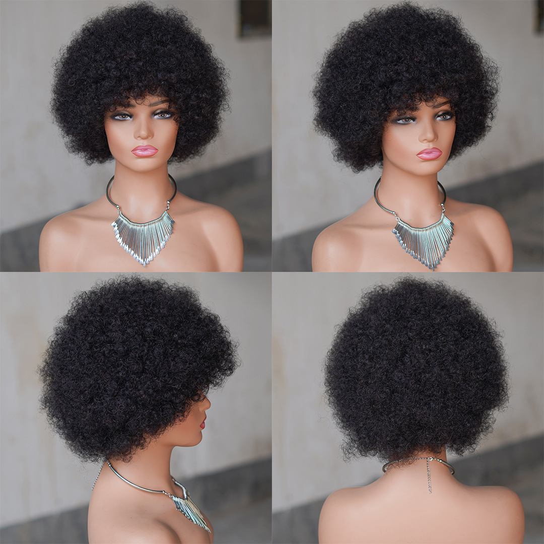 10 Inch Afro Curly Pixie Cut Wig Real Human Hair Machine Made Natural Black Explosive Curly Style Perfect for a Bold and Stylish Look
