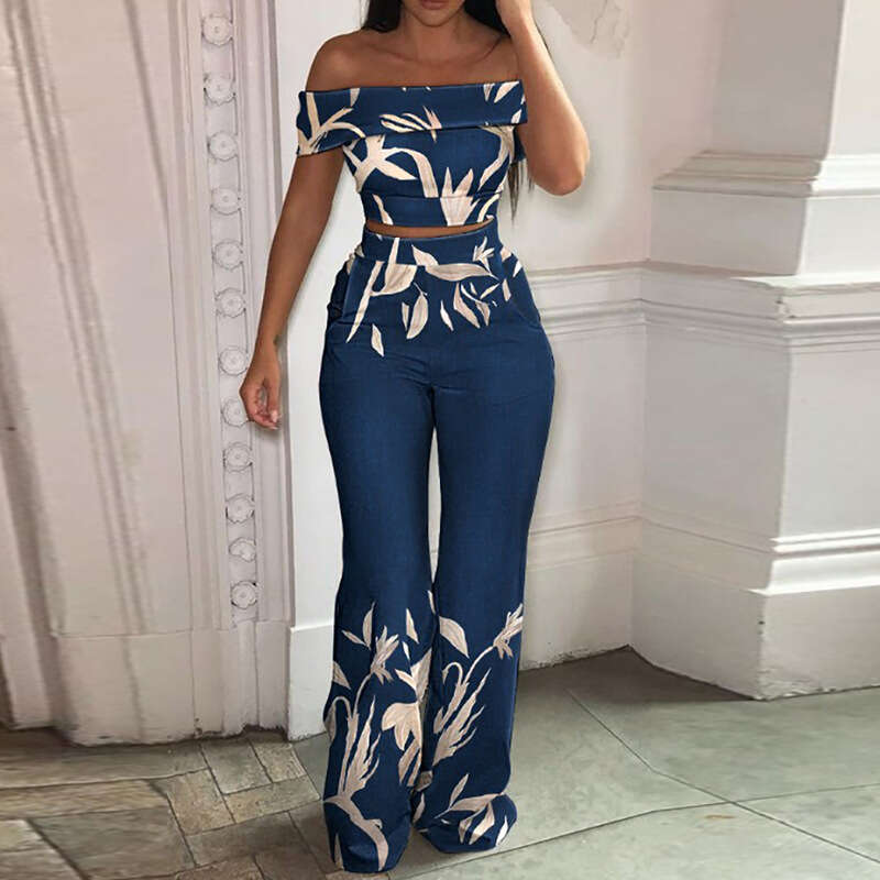 Women's New Sexy Off Shoulder Slim Fit Short Top Casual Printed Wide Leg Pants Set KLMY