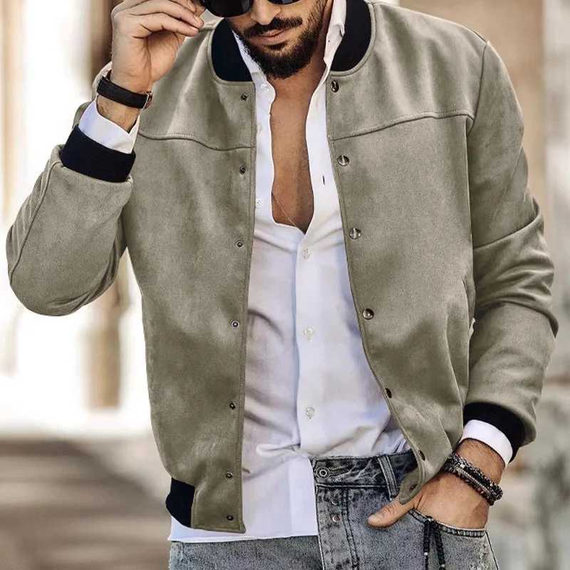 25 Mens Solid Suede Stand-Up Jacket Mens Button Cardigan Jacket Cross-Border Casual Vintage American Jacket MensT250311