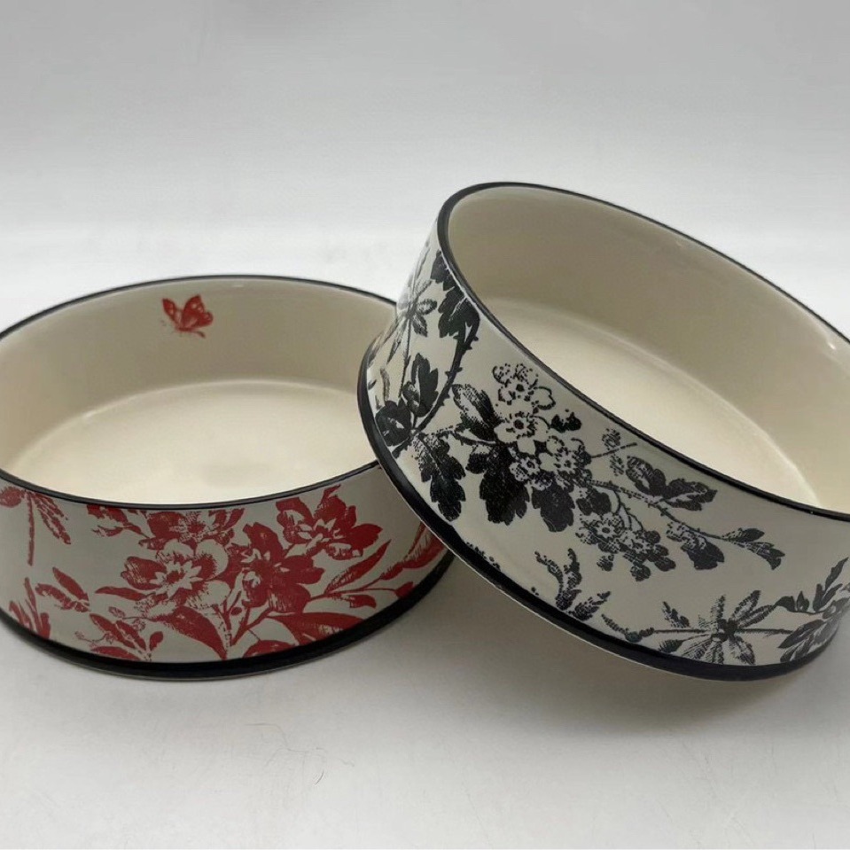 Dog Bowls Ceramic Pet Bowl With Classic Letters Heavy Duty Non Slip Ceramic Cat Dish Dogs Bowls for Food and Water 42oz Black Flower