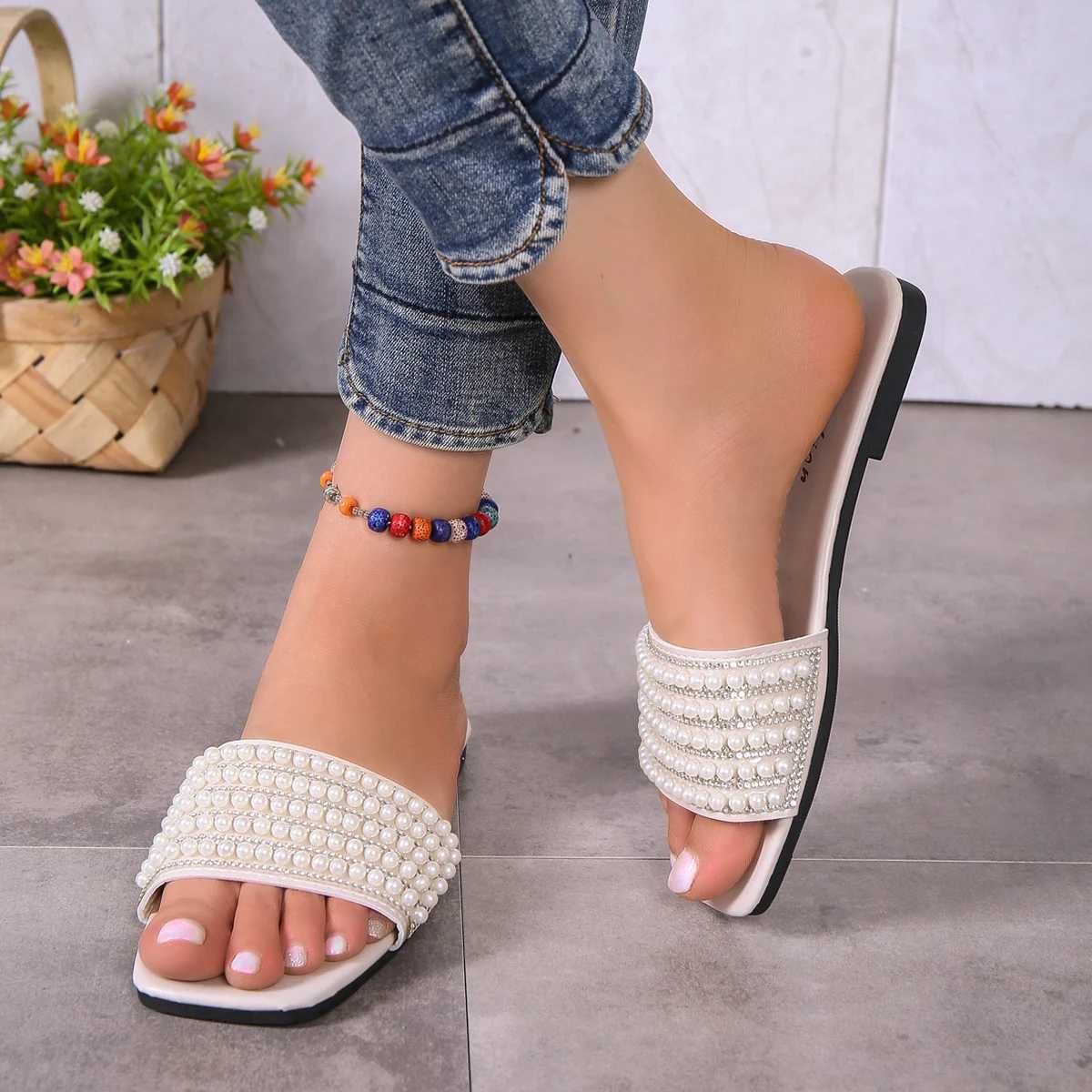 Womens fixed flat sandals with artificial pearls and Rhine decorative slidersXJ250407