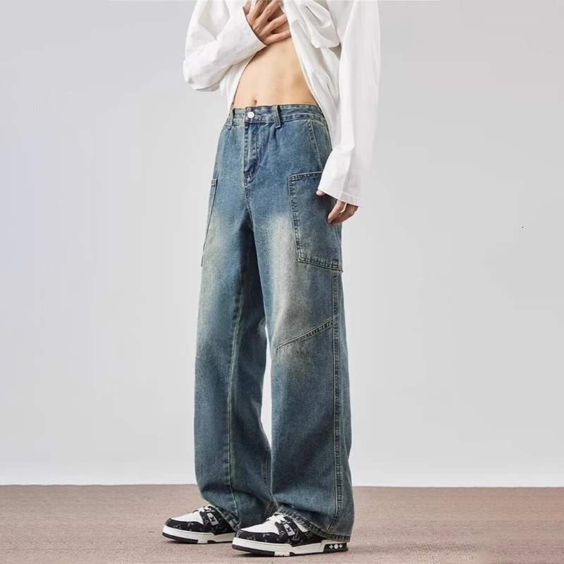 Retro MultiPocket Cargo Jeans For Men Y2K Vintage Distressed Baggy Denim Pants Autumn High Street Straight Wide Leg Jean 250311
