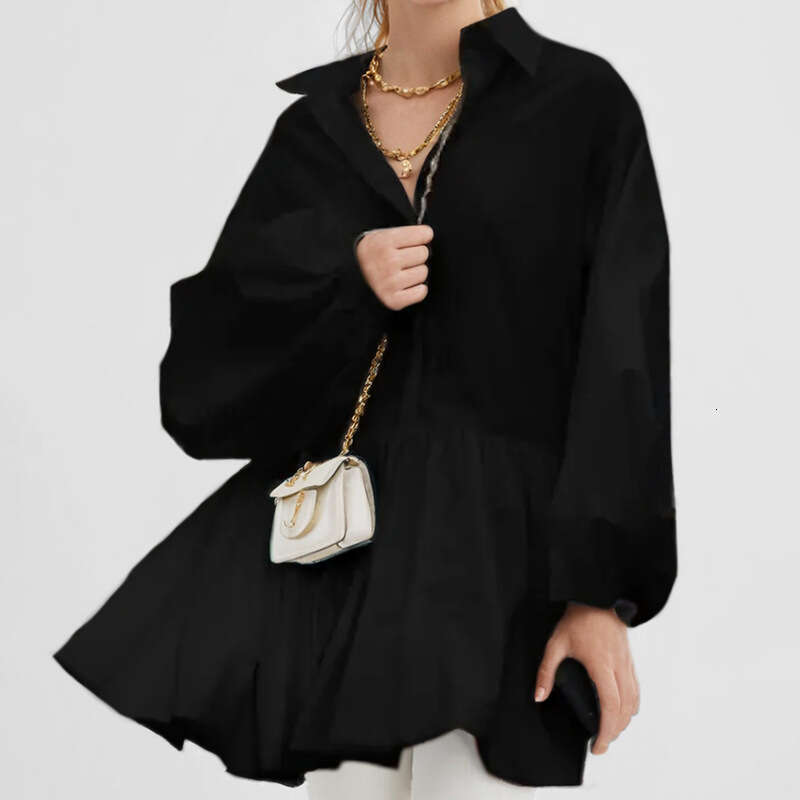 Women's Clothing 2025 Spring And Autumn New Item Solid Color Pleated Skirt V-Neck Bubble Sleeve Shirt Dress 661 KLMY