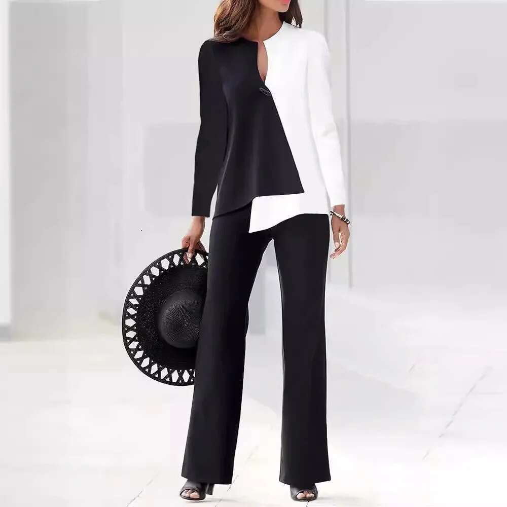 2 Pieces Suit Casual Colorblock Long Sleeve Top And Wide Leg Pants Set Spring Fashion V Neck 3D Print Women's Clothing