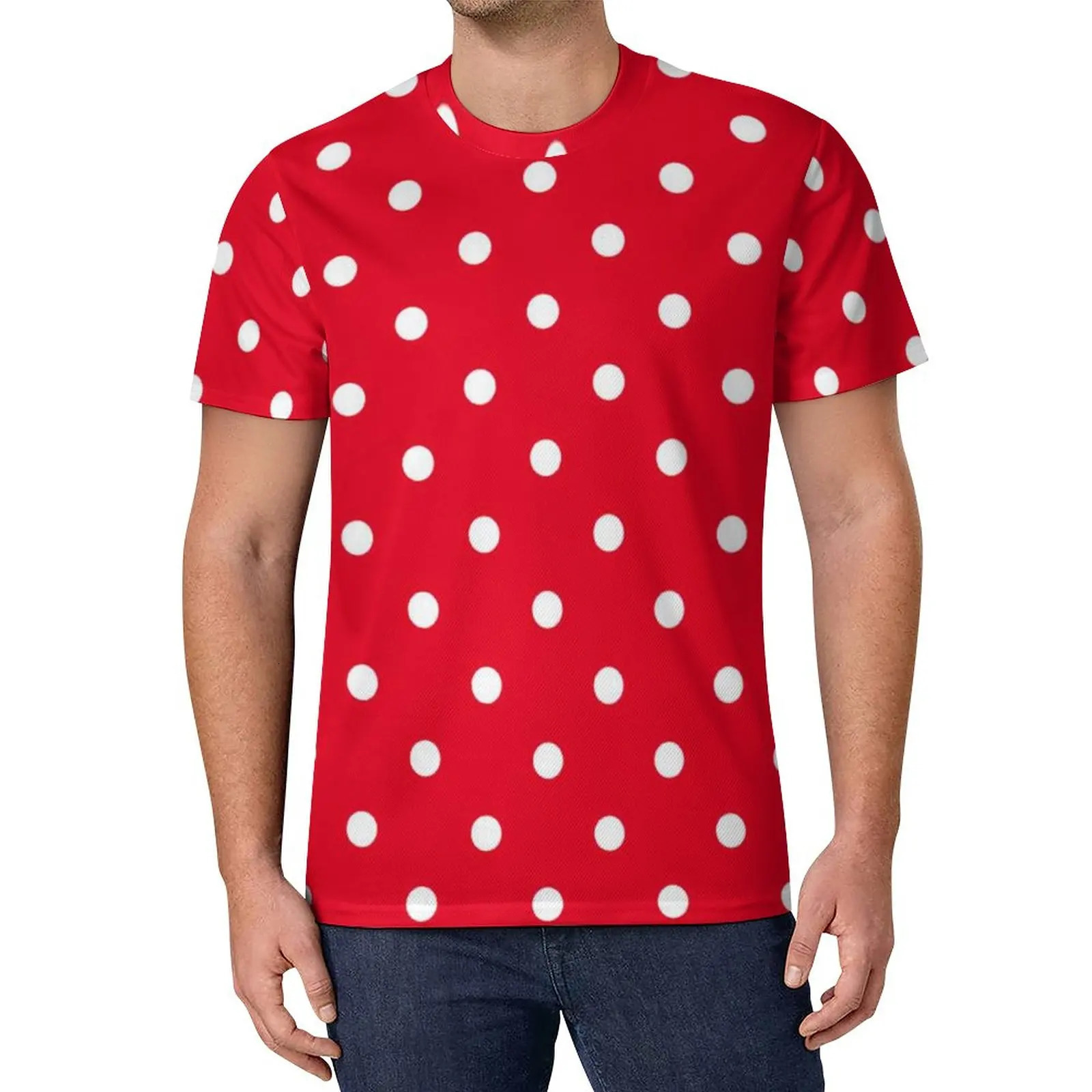 Red with White Polka Dots TShirt Mens Dot Spotted Circles Funny T Shirts Summer Trendy Tees Custom Oversized Tops 250311