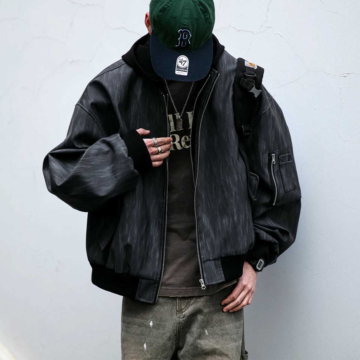 American Streetwear Fake Two Pieces Hooded Jacket Men Clothing Harajuku Casual Leather Jacket Kpop Vintage Oversize Coat MaleT250311
