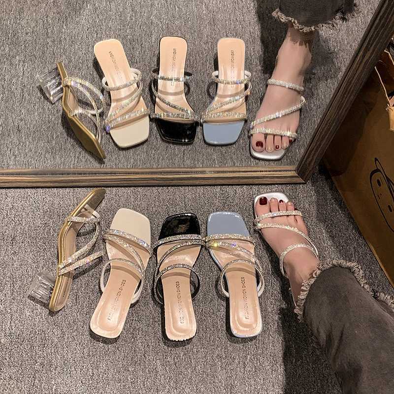 Rhine Sandals Womens Shoes 2024 Summer Trend Fi Square Toe Crystal Heel Slippers Simple Shiny Vai With SkirtXJ250311