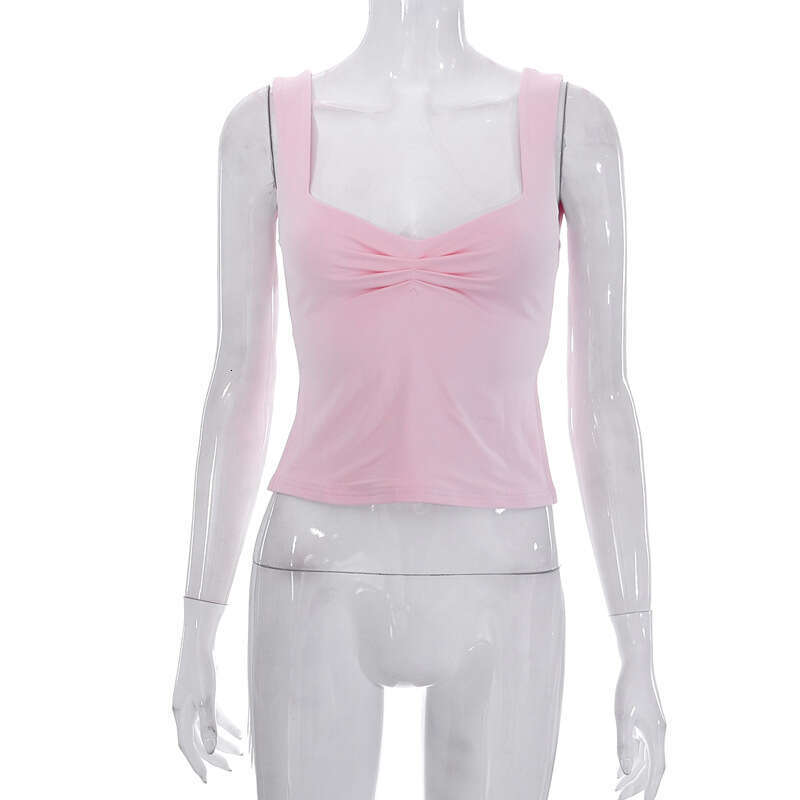 Y23tP031 European and American women's summer ins solid color square collar camisole pleated backless vest top t-shirt for women 2025 new style t