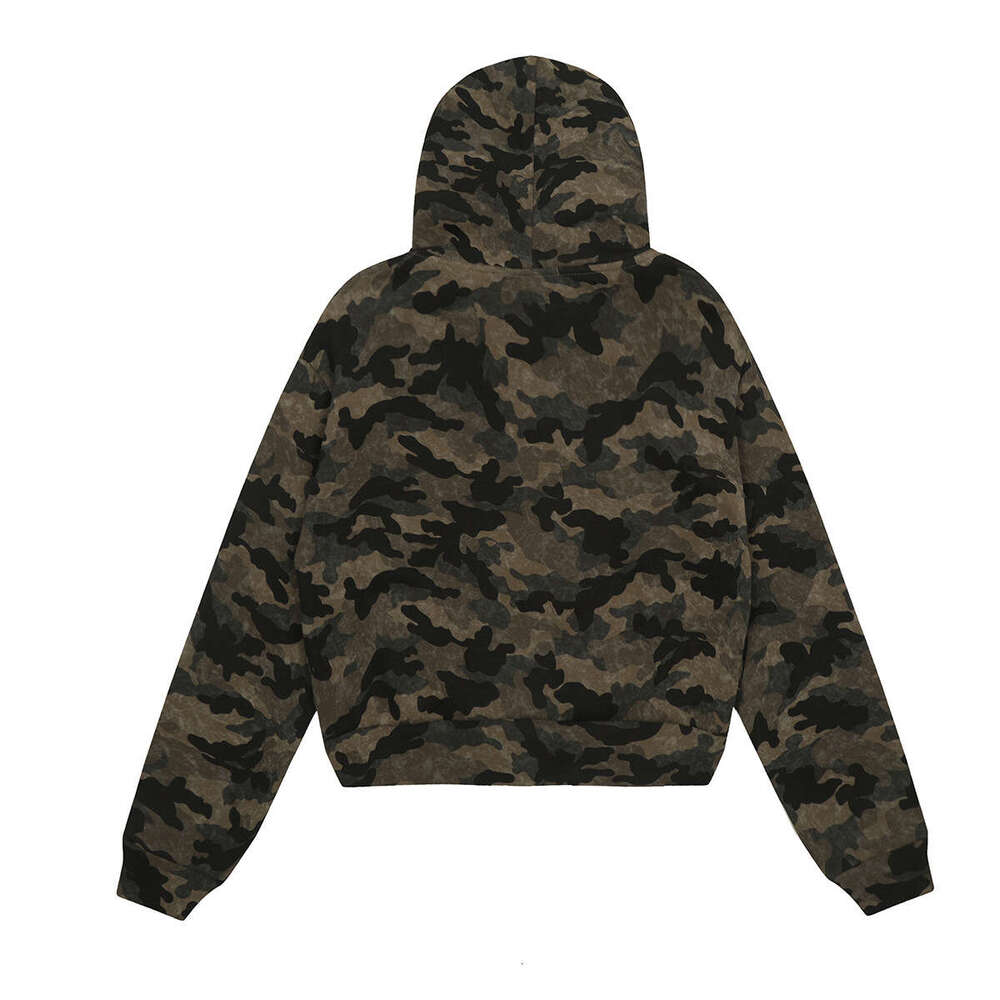 Jia Yi Ku Trendy Brand 2024 New American Hairy Collar Camouflage Hot Diamond Hoodie With Velvet Short Coat Cardigan Sweatshirt