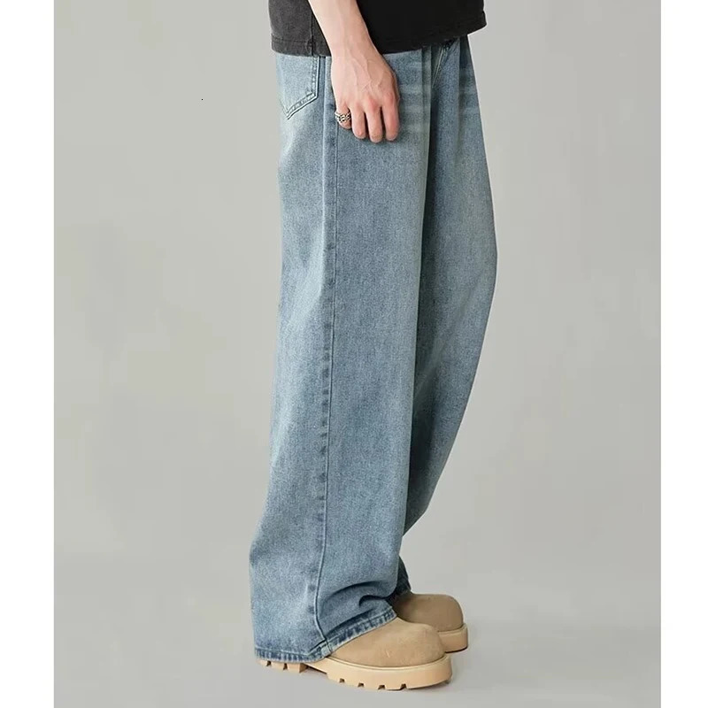 Mens Fashion High Waist Wide Leg Jeans Retro American Denim Pants Classic Bagged Street Clothing Casual Trousers 250311