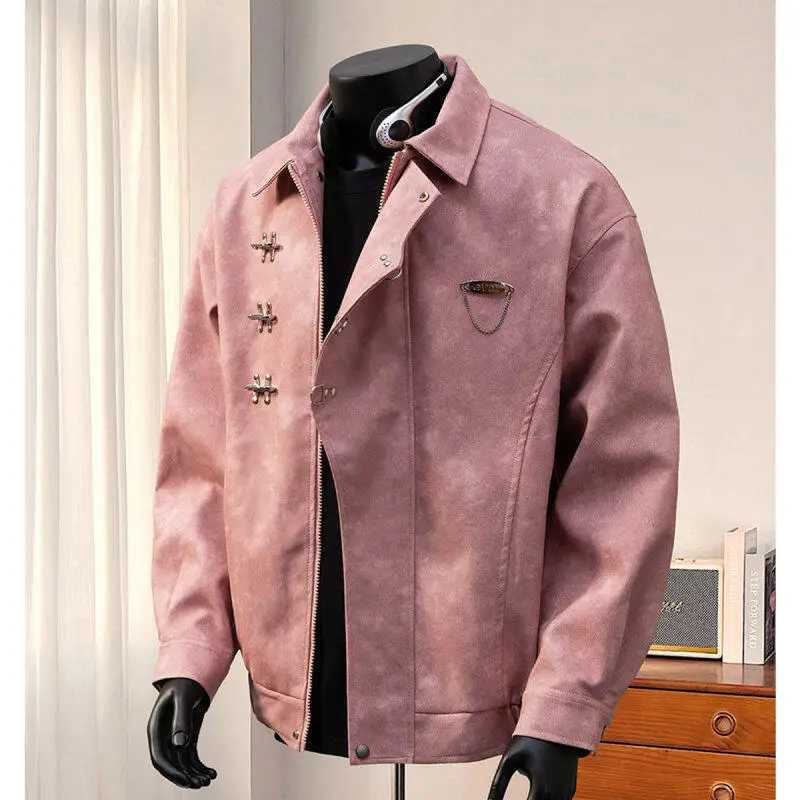 Pink Leather Jackets for Men Solid Hip Hop Punk High Street Faux Leather Coat Male Clothing FashionT250311