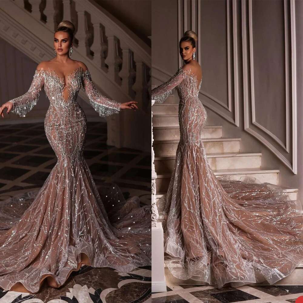 Women's Lace Dress with Sequins Full Sleeve Bright Mermaid Off Shoulder Dress Custom Formal Party and Dance Dresses evening