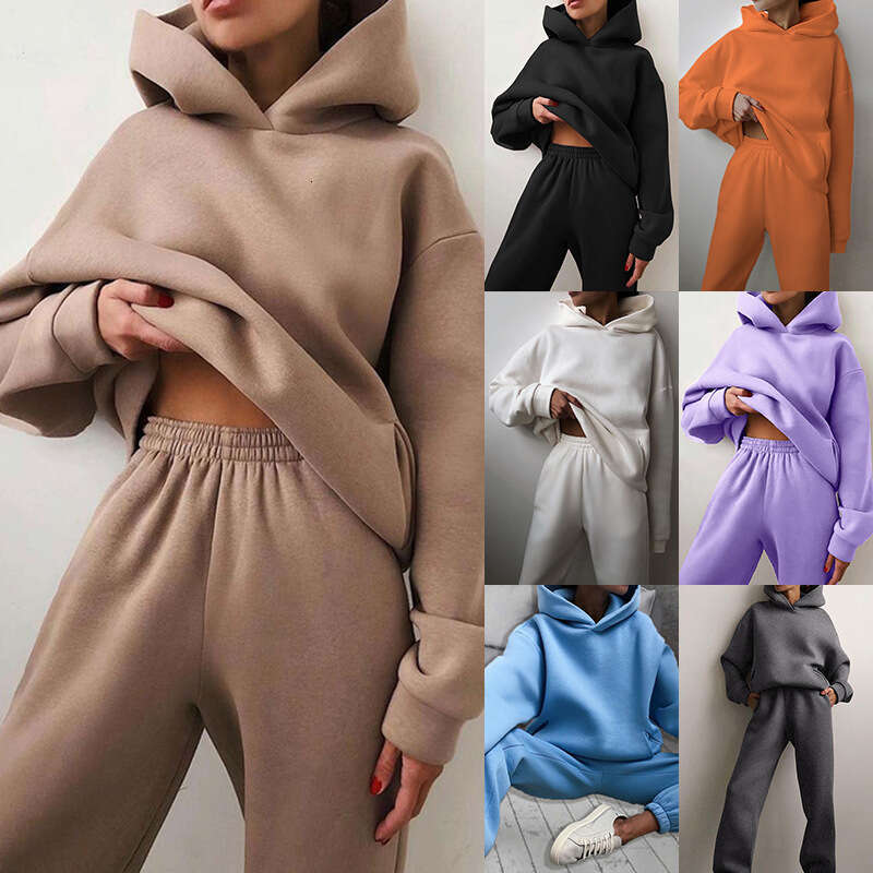 Women's Winter Solid Color Casual Fashion Sports Hoodie Set KLMY