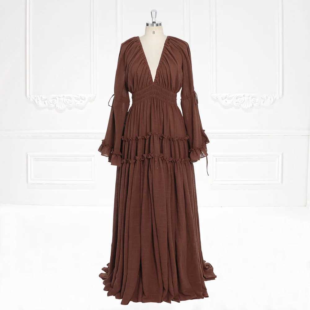 Long Sleeves Cotton Woman Maxi Dresses Side Slit Photo Shoot Dress Maternity gown for photo shoot YEWEN YW231092 X250224