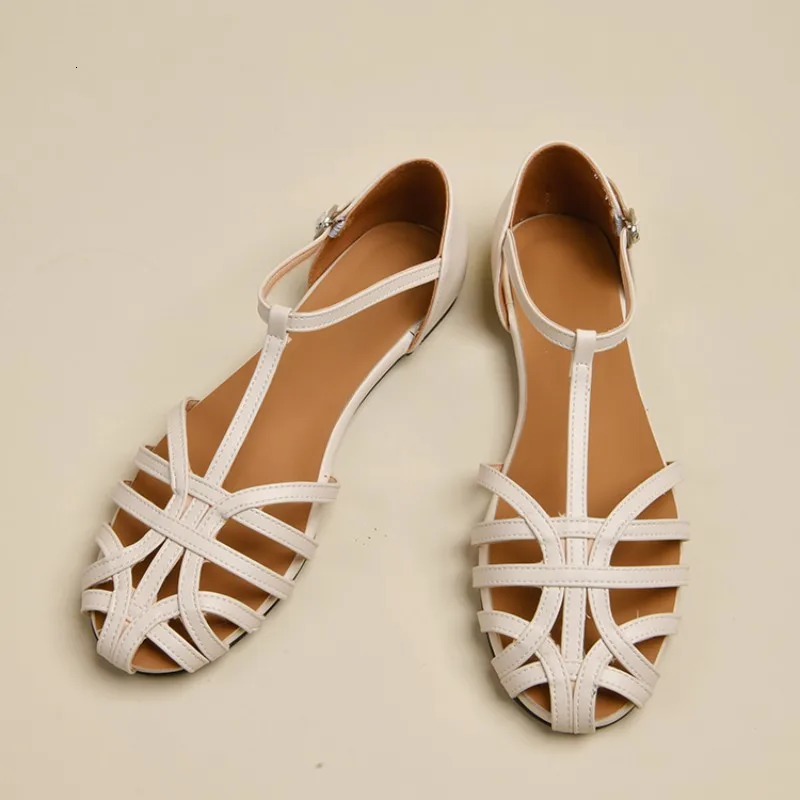 Shoes Female Sandal 2024 Womens Girls Beige Summer Comfort Low Retro Flat Back Strap Square heel Rubber PU Scandals Solid C 250305