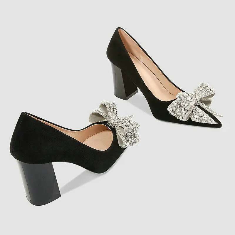High Heel Spring New Black Suede Pumps Rhie Bow High Heels Professional Work Temperament Women S Single Shoes