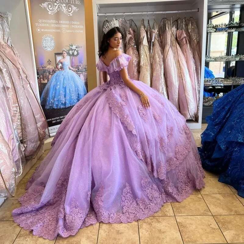 Lavender Quinceanera Ball Gown Off The Shoulder Tulle Appliques Lace Sweet 16 Dresses 15 Mexican Customized al0311