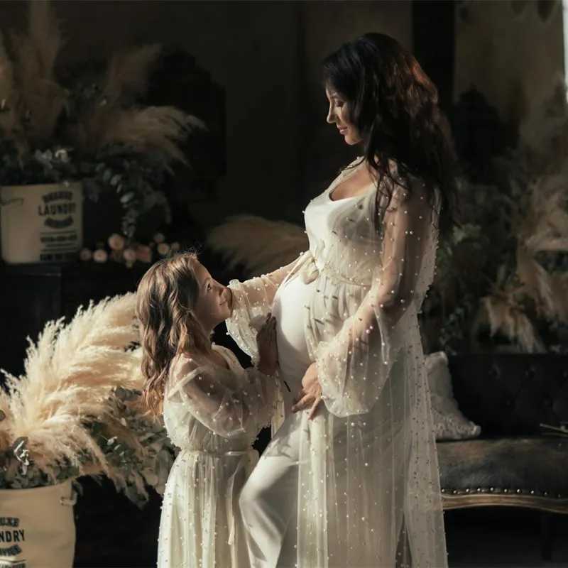 Sexy Perspective Pearl Maternity Photography Long Dress Full Sleeve Beading Tulle Long Dress for Pregnant Women Photo Shoot X250224