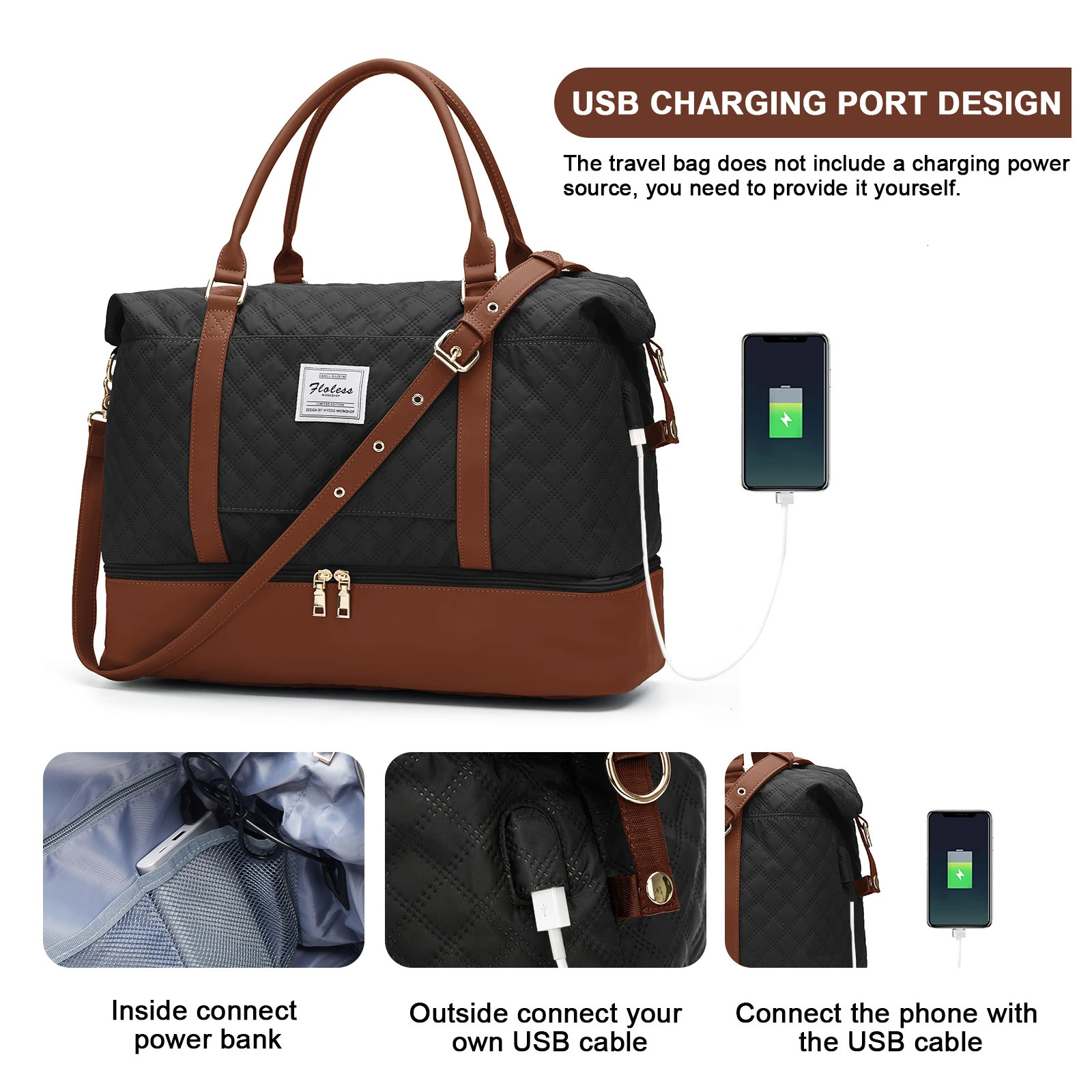 Weekender Womens Large Travel Luggage Handbag with Shoes Essential Overnight Hospital Bag 250311