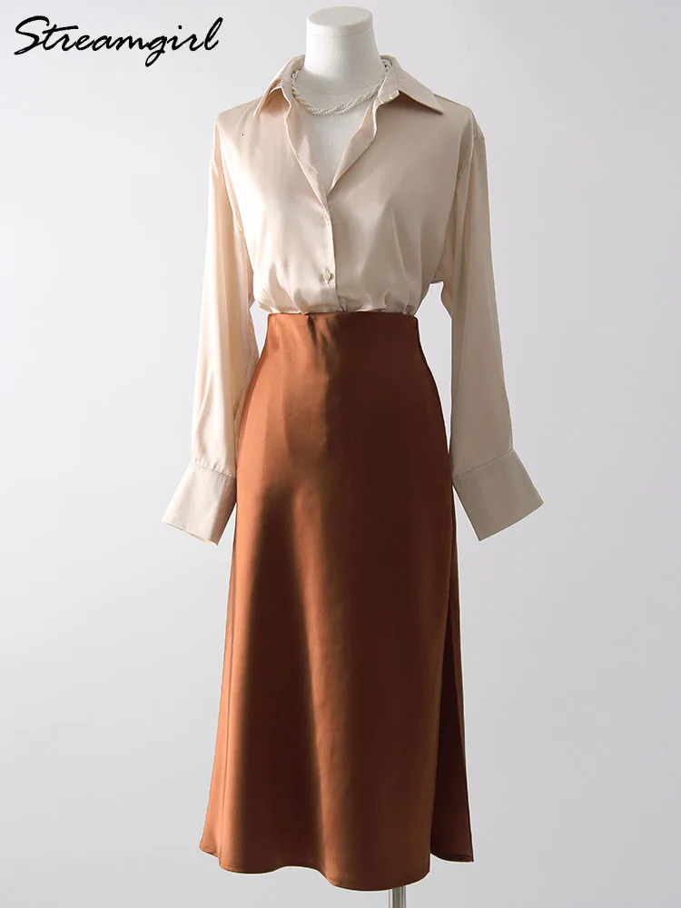 y Black Satin Midi Skirt Summer Women Elegant A Line Formal Lady Office Silk Skirts With Slit Green For 250311
