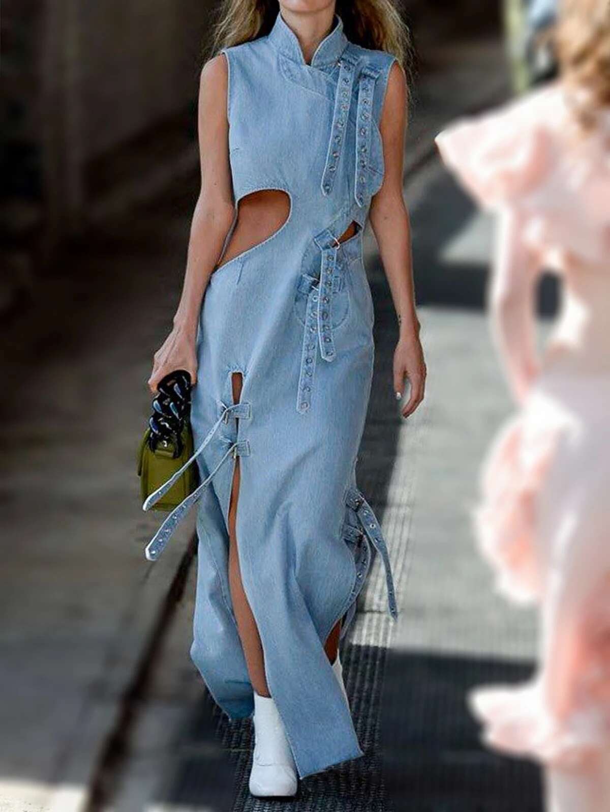 Women Denim Fashion High Waist Hollow Out Long Party Dress Sexy Cutout Sleeveless Thigh Stand Collar Slit Maxi Dresses