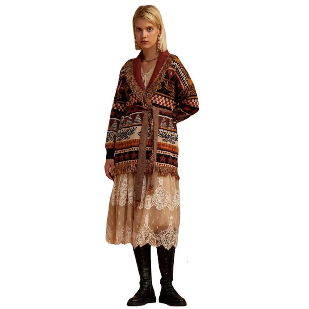 Autumn/Winter Thickened Ethnic Style Sweater Cardigan Loose Jacquard Mid Length Coat With Tassel Knit