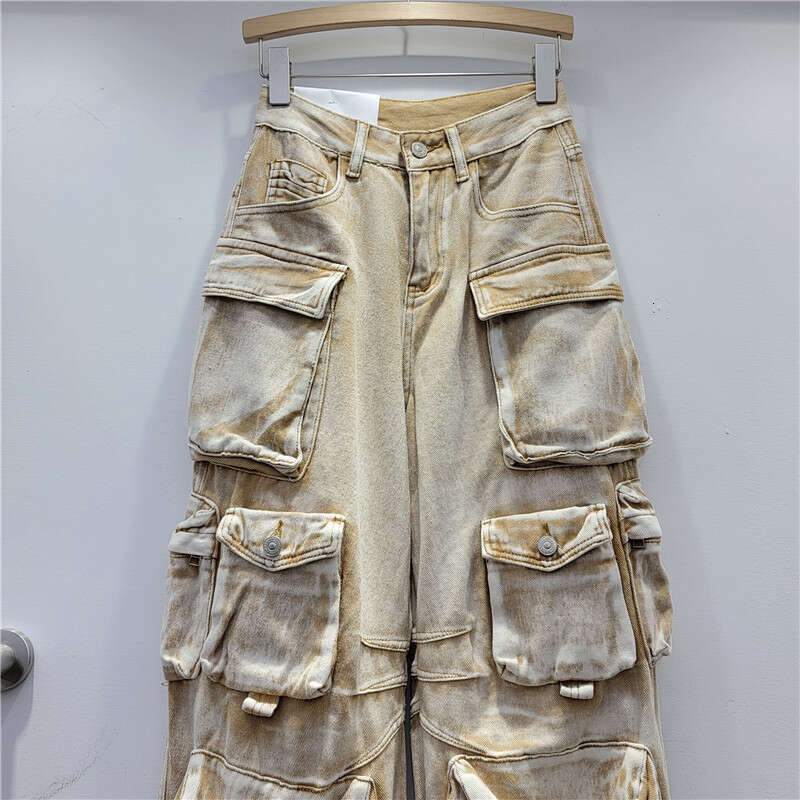American Street Brand Gradient Contrasting Heavy Three-Dimensional Pocket Wide Leg Pants Cool And Niche Workwear Jeans Women's Fashion