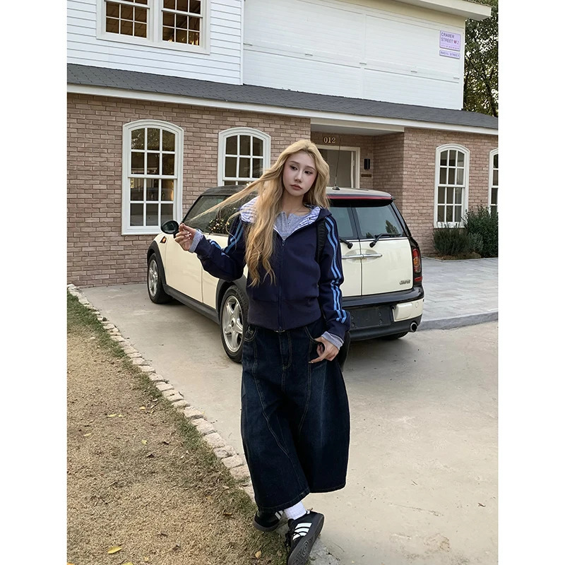 Blue Womens Jeans High Waist Vintage n Hip Hop Straight Baggy Denim Pants Street Y2K American Style Wide Leg Trouser 250311