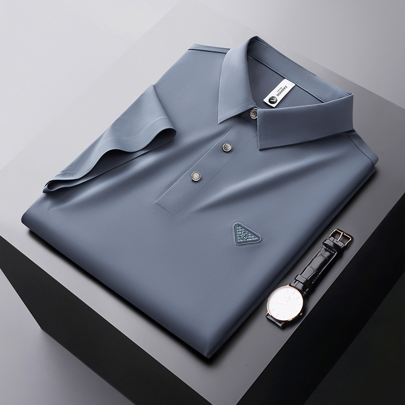 Summer seamless compression glue free short sleeved polo shirt for men, with a sense of ice silk drape, trendy and luxurious men's collar t-shirt