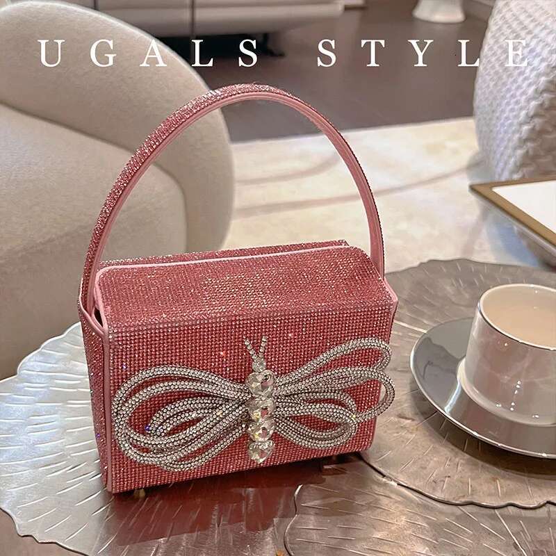 Glitter Shiny Bow-Knot Evening Rhies Dia Square Women's Handbag Wedding Party Clutch Purse Shoulder Bag