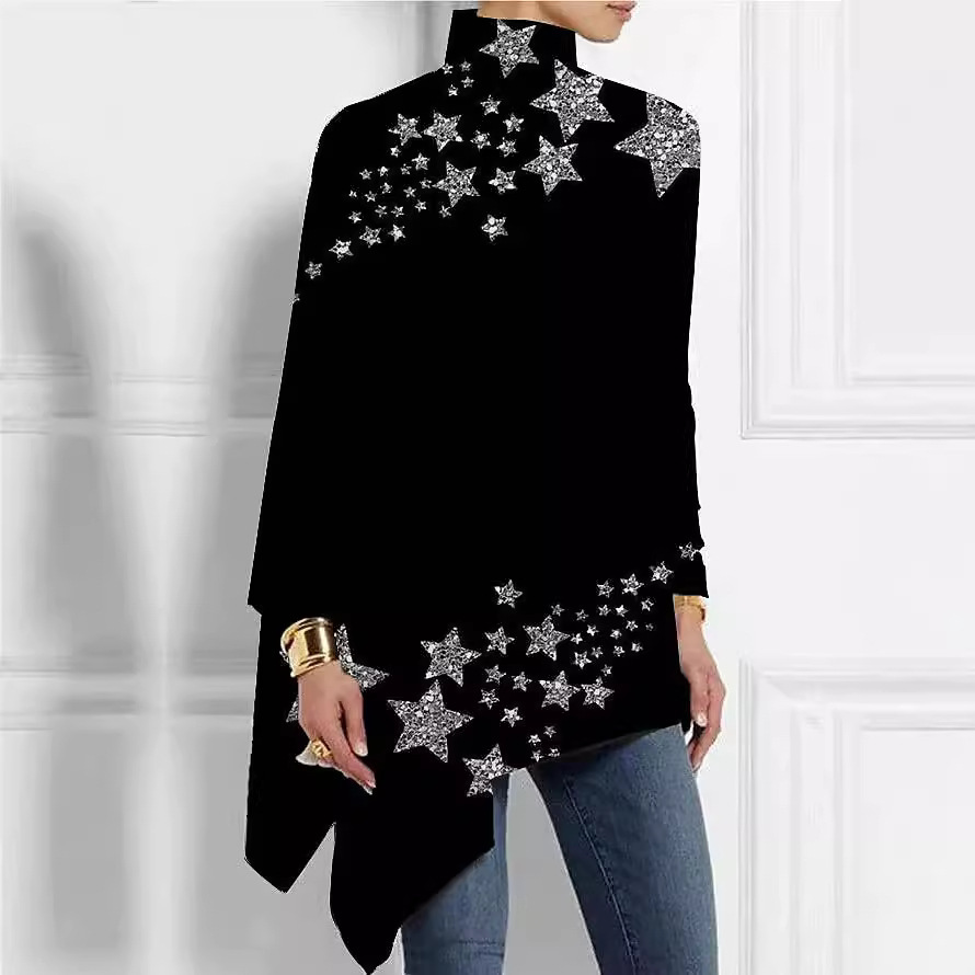 2025 New Spring and Autumn Fashion Long Sleeve High Collar Irregular T-shirt Designer Trendy 3D Printing Comfortable Polyester Trendy Short Sleeve1