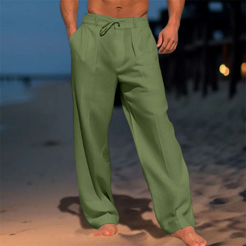 Men's en summer beach pants, front pocket, solid color, comfortable, breathable, casual, daily vacation basic style, 2025 new casual versatile fa