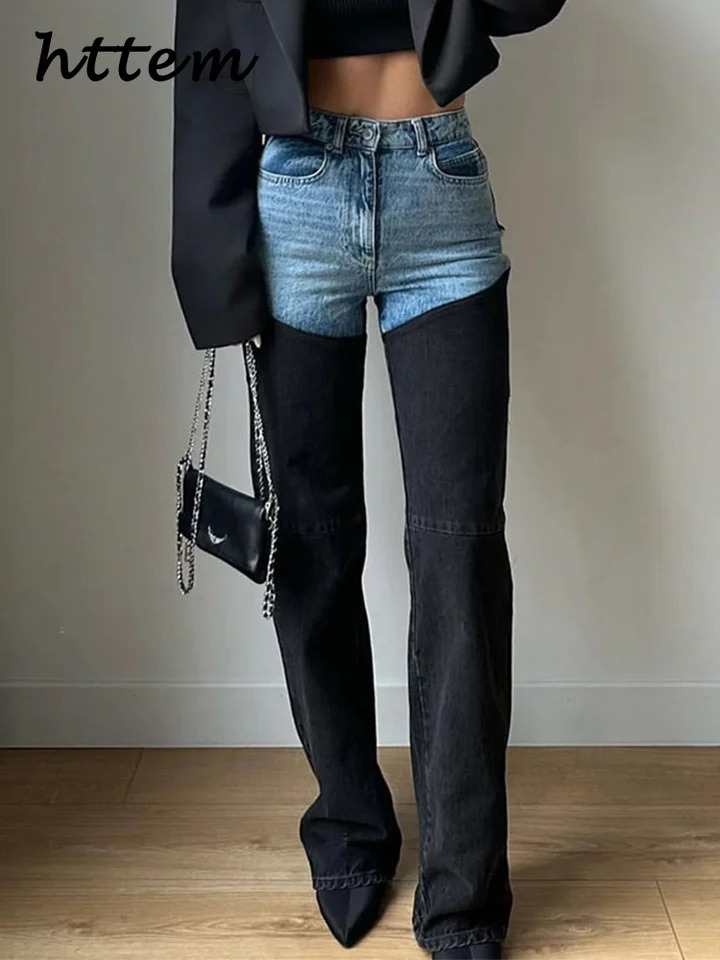 Street womens spliced straight jeans high waisted zipper pocket denim pants springsummer Y2k hiphop Trouser 250310