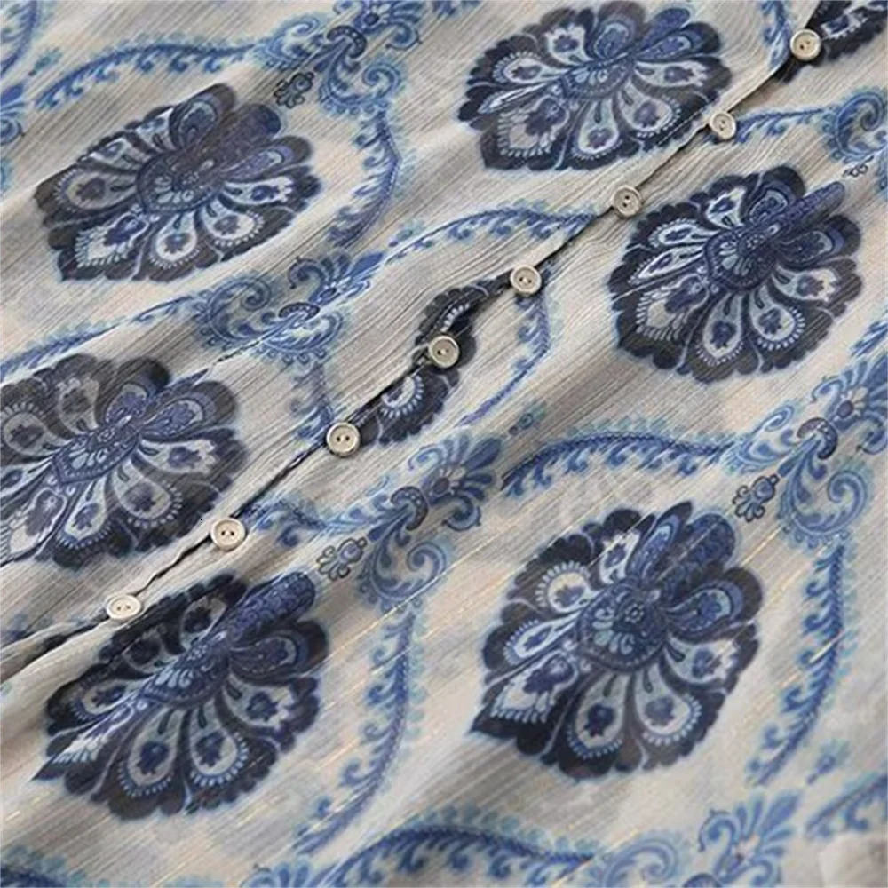 ZAR SpringSummer Womens European and American Style Lantern Sleeves Flip Collar Metal Thread Printed Shirt 250311