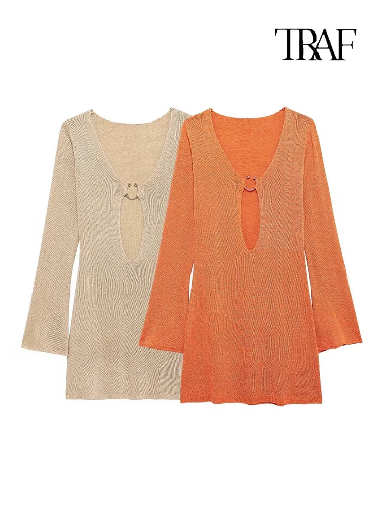TRAF Womens Hollow n Long Sleeve Knitted Dress Slimming Set Hip Skirt Warm and Elegant Clothing 250311