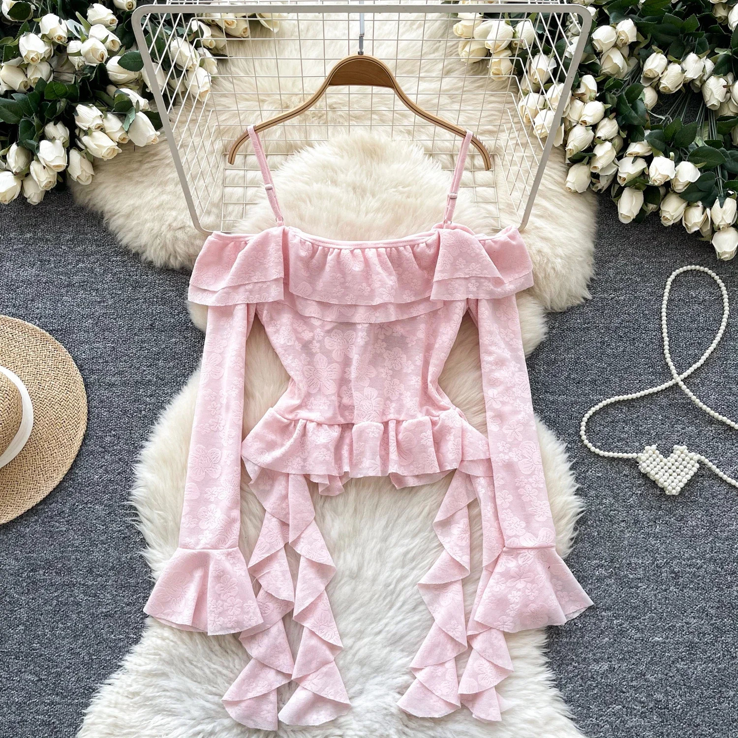 Korean Off Shoulder Sexy Blouse Female Long Flare Sleeves Ruffles Beach Shirt Summer Irregular Floral sweet Top 250311