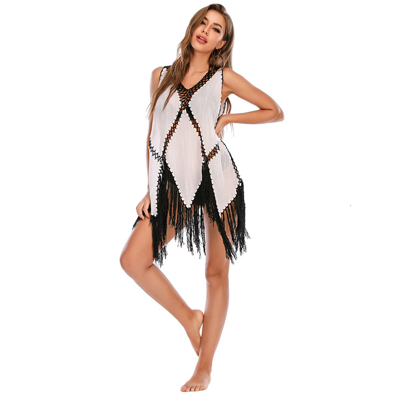Fashionable Women's Beach With Irregular Tassel Stitching, Loose Suspender, Hollowed Out V-Neck Bikini Cover