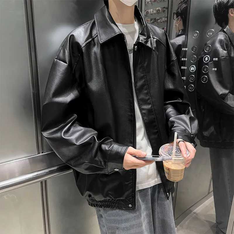 New Mens Faux Leather Jacket Coat Zipper Turn-down Collar Solid Retro Casual Loose Outerwear Man ClothingT250311