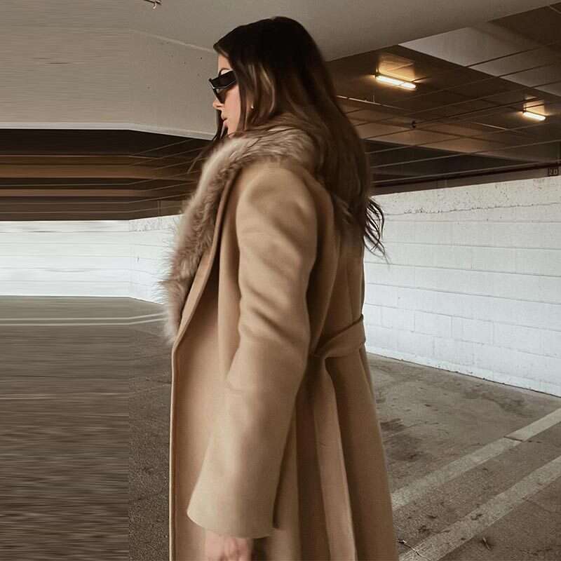 Woolen Woolen 2024 Winter New Style Elegant Fur Collar Long Jacket