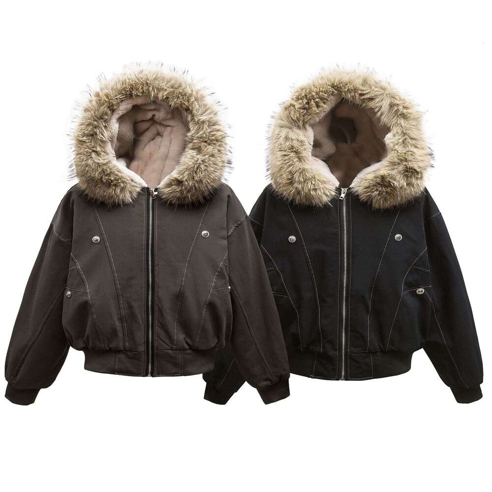 Jiayiku Trendy Brand 2024 Winter New American Thickened With Velvet Inner Hair Collar Hooded Cotton Jacket For Men And Women
