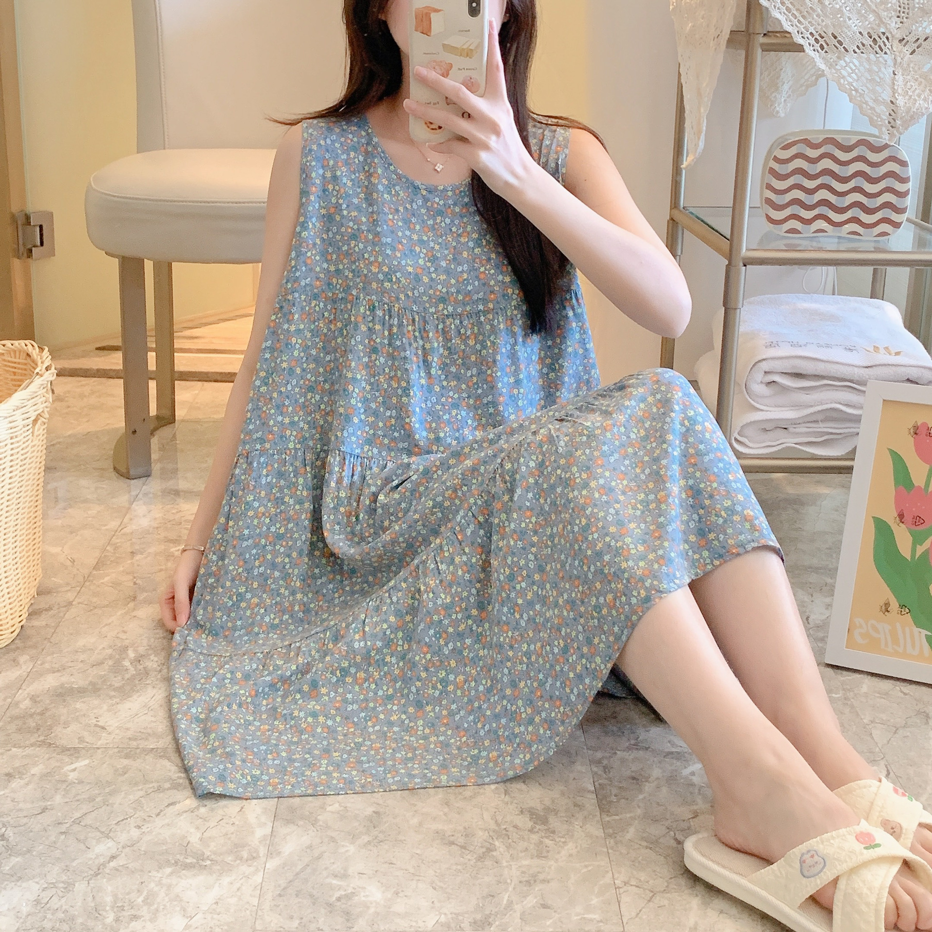 B770-Sleeveless cotton silk nightdress women's spring and summer floral vest pajamas home clothes Korean version