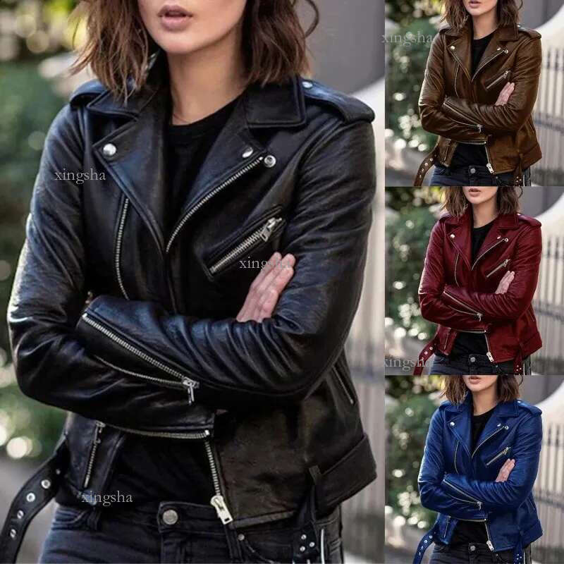 PU Faux Leather Jacket Women Slim Sashes Casual Biker Jackets Outwear Female Tops BF Style Black Coat 24