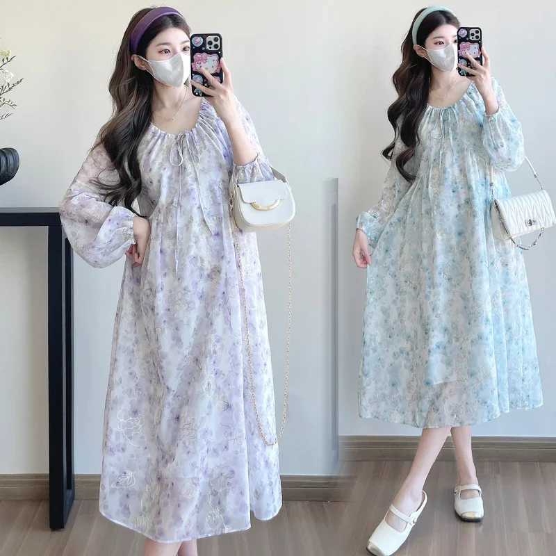 Plus Size Pregnant Woman Floral Dress for Spring Long Sleeve Fashion Embroidery Maternity Beach Dress with Liner Holiday ClothesT250311