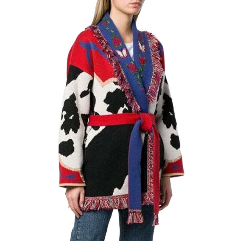 Ethnic Style Women's Wool Blended Embroidered Sweater Jacket Loose, Medium To Long Cow Jacquard Cardigan