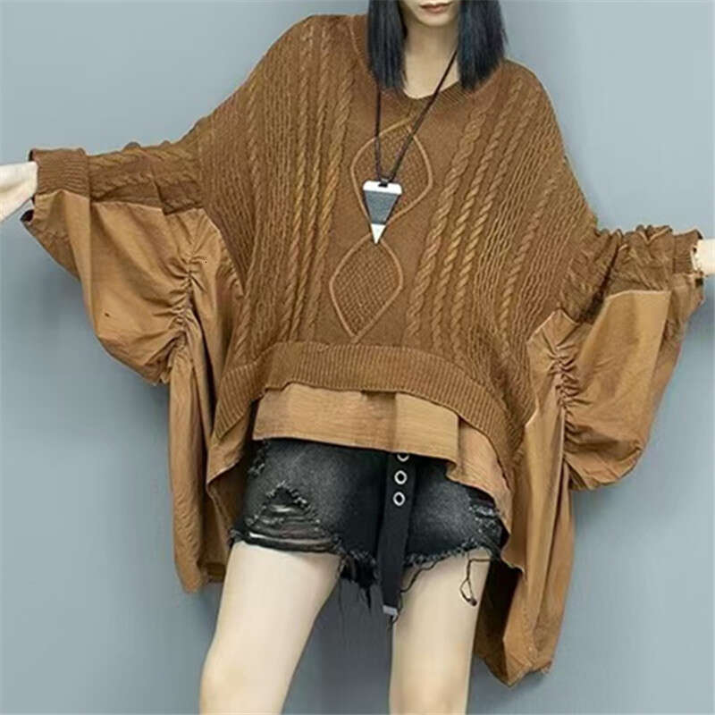 Personalized Distressed Fried Dough Twists Knitting Stitching Ruffle Large Loose Bat V-Neck Long Sleeve Sweater For Women In Spring And Autumn