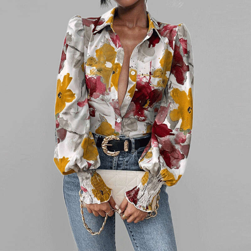 2025 Spring New Women's Flip Collar Bubble Long Sleeve Loose Printed Shirt For Women KLMY
