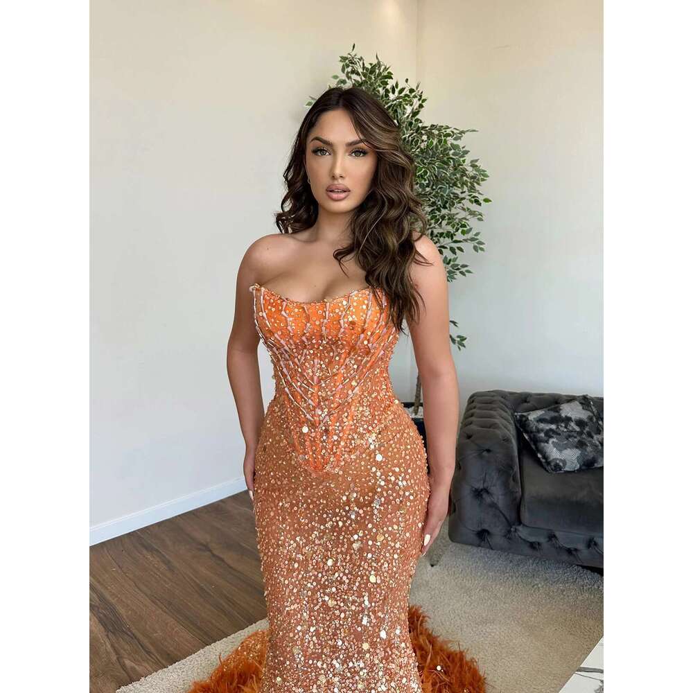 Strapless feather ball dress sparkling sequins lace sleeveless evening gowns beads robe de soiree custom