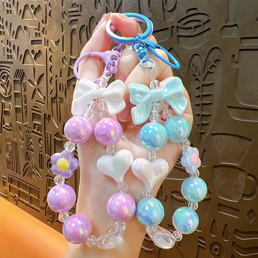 Creative Mobile Phone Strap Candy Color Beaded Car Keychain Bow Heart Bag Pendant Chain Lanyard 250311