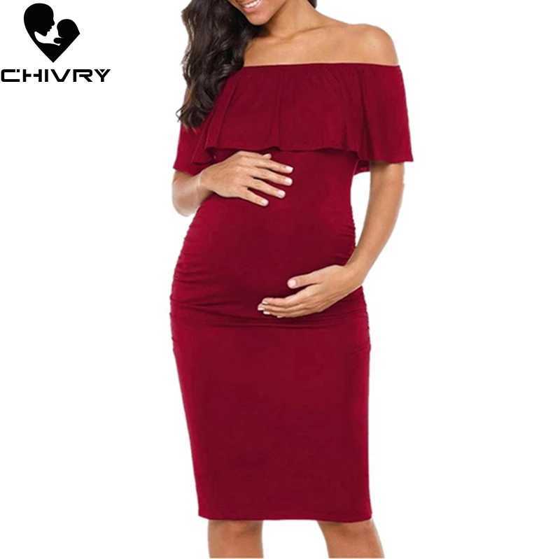 Chivry Pregnant Women Pregnancy Dress Fashion Short Sleeve Slash Neck Solid Ruffles Mom Dress Maternity Clothing Dresses X250224