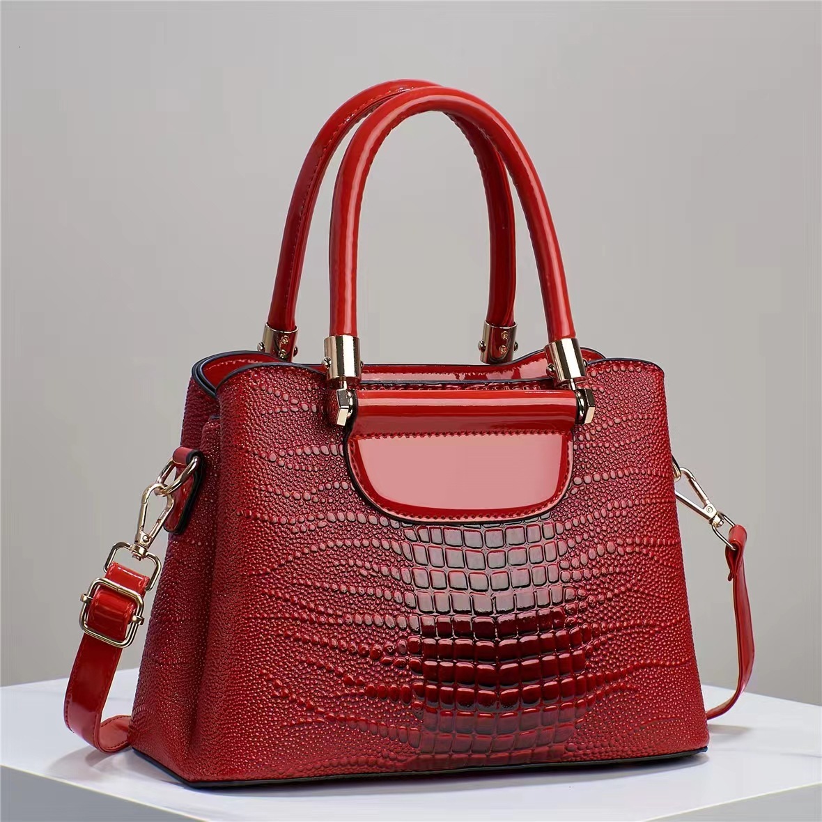 Textured Bright Stone Crocodile Leather Pattern Handbag Women's Shoulder Messenger Bag